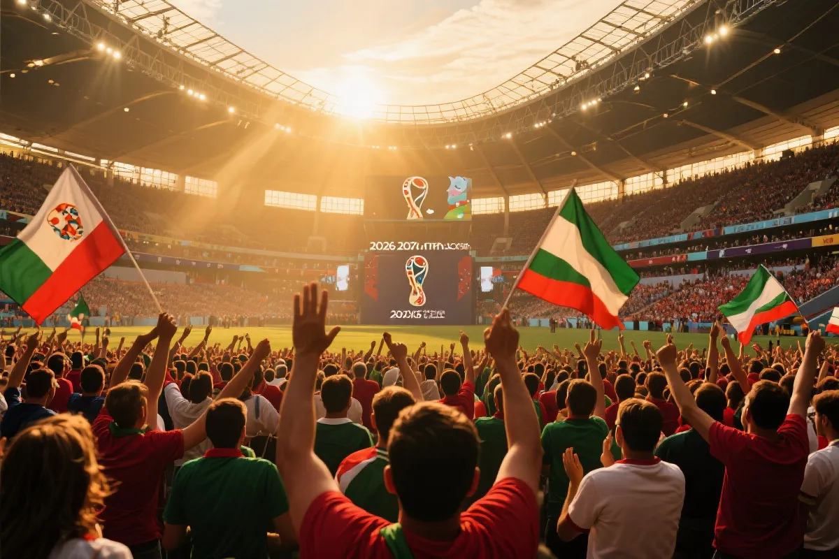 热情的球迷在巨大的体育场内挥舞旗帜,迎接2026世界杯